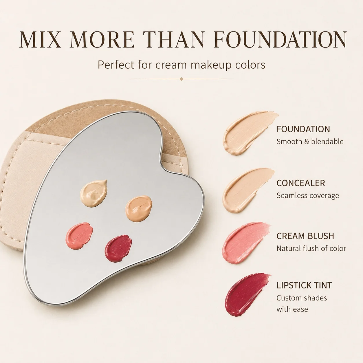 Beauty Makeup Tools - พาเลตผสมเครื่องสำอางสแตนเลสทรงหัวใจพร้อมปลอกหนัง อุปกรณ์ผสมรองพื้นและคอนซีลเลอร์สำหรับความงาม