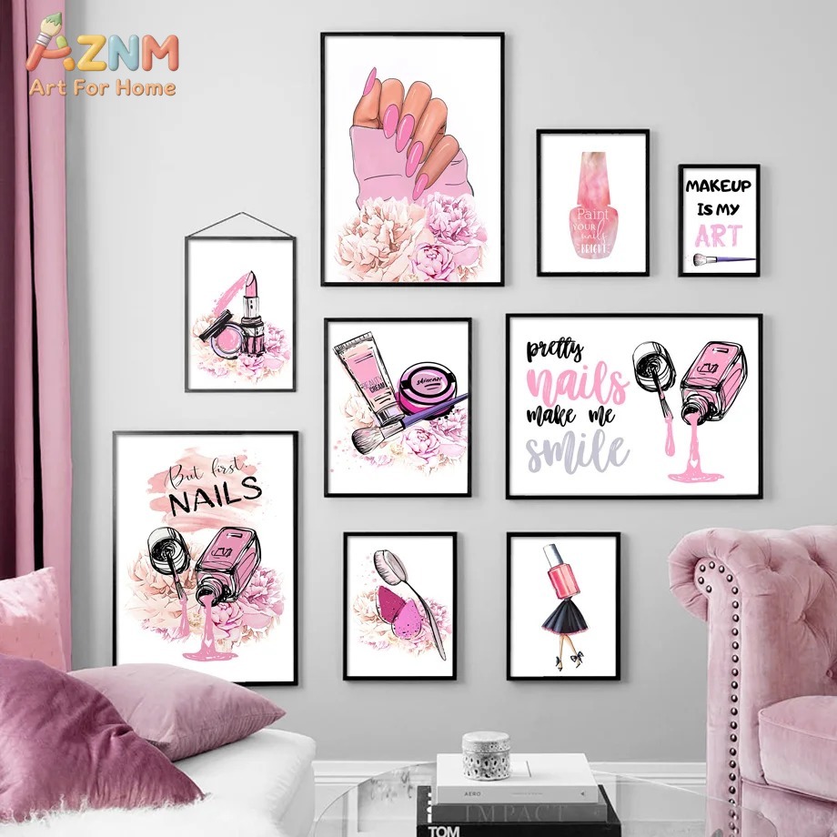 Makeup Is Beauty Quotes - AZNM ภาพพิมพ์ศิลปะติดผนังลายเล็บสีชมพู, โปสเตอร์พิมพ์คำคมความงามแฟชั่นสมัยใหม่, ภาพพิมพ์เล็บสวยทำให้ฉันยิ้มได้ ผลิตภัณฑ์เครื่องสำอาง