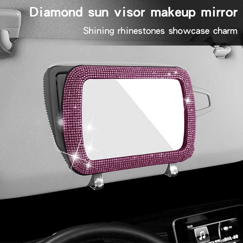 Beauty Makeup Hd - กระจกแต่งหน้าในรถยนต์แบบหรูหราประดับเพชรเต็มตัว พร้อมที่หนีบกันแดด กระจกแบน HD อเนกประสงค์สำหรับอุปกรณ์เสริมความงามในรถยนต์