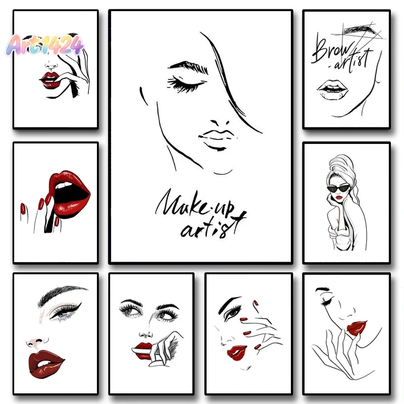 Beauty Makeup Hd - โปสเตอร์แต่งหน้าแฟชั่น ภาพผู้หญิงสวยเซ็กซี่ คำคมตกแต่งผนัง ศิลปะนอร์ดิก ขนตา ริมฝีปากสีแดง
