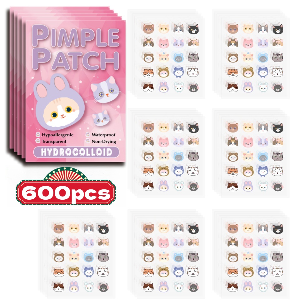 Pressed Powder Foundation - แผ่นแปะสิวการ์ตูน 600 ชิ้น แผ่นปิดสิวรูปแมวน่ารัก ปลอดภัย ไร้สารพิษ